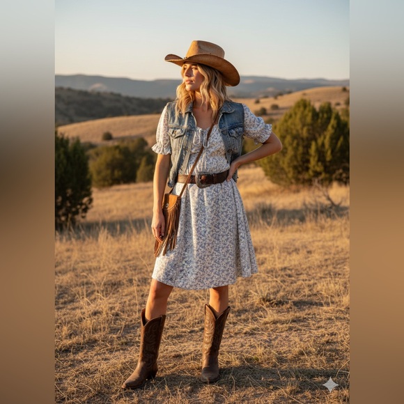 Floral dress size L puffy sleeves  romantic floral lilac print / cowgirl - Picture 3 of 10